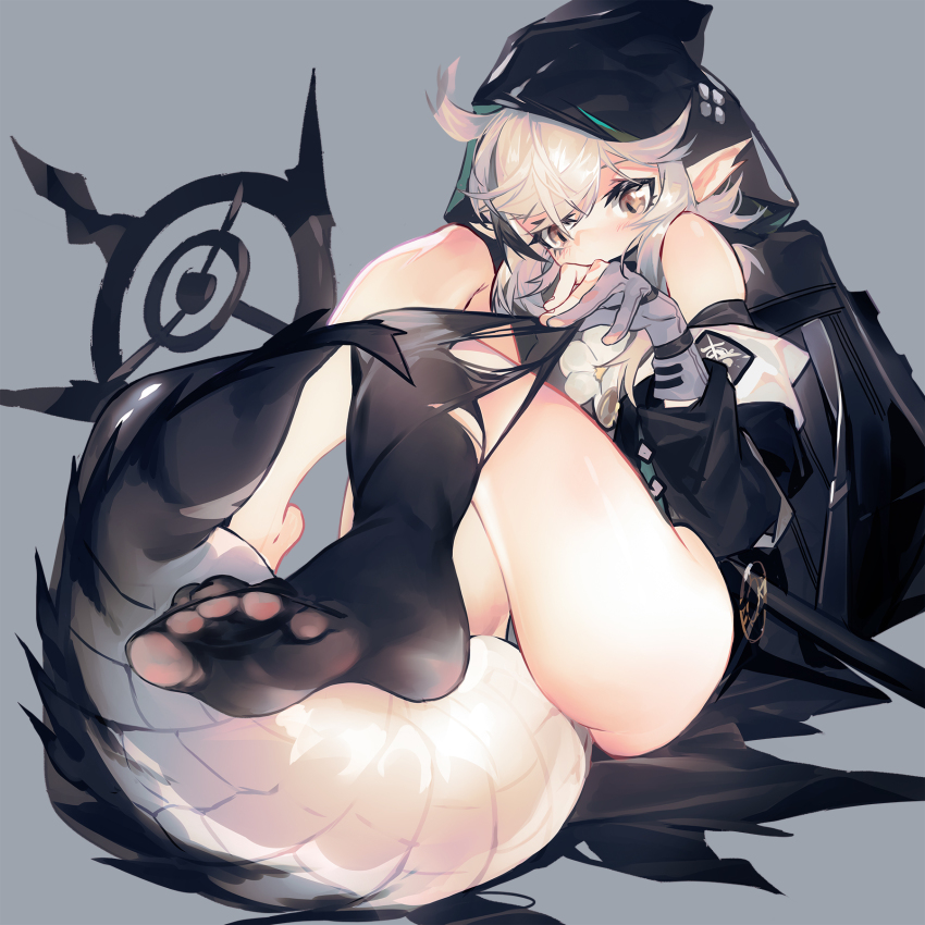 1girl, arknights, armband, bare_shoulders, barefoot, black_jacket, black_socks, blush, crocodilian_tail, feet, flower, gloves, grandia_lee, grey_gloves, highres, hood, jacket, kneehighs, knees_to_chest, large_tail, logo, long_sleeves, looking_away, no_shoes, off-shoulder_jacket, off_shoulder, partially_fingerless_gloves, pointy_ears, pulling_off_legwear, silver_hair, single_kneehigh, single_leg_pantyhose, single_sock, sitting, socks, solo, staff, tail, thighhighs, thighs, toes, tomimi_(arknights), torn_clothes, torn_legwear, torn_socks, yellow_eyes