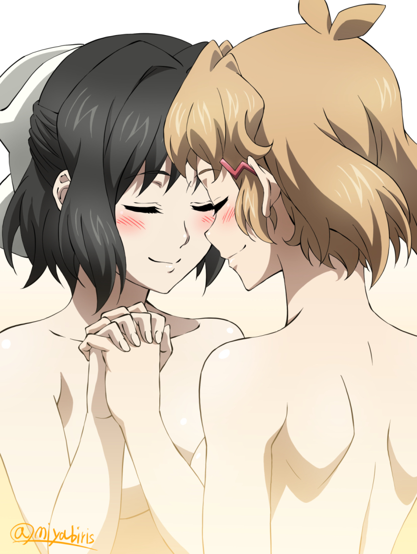 2girls, artist_name, black_hair, blonde_hair, blush, breasts, closed_eyes, closed_mouth