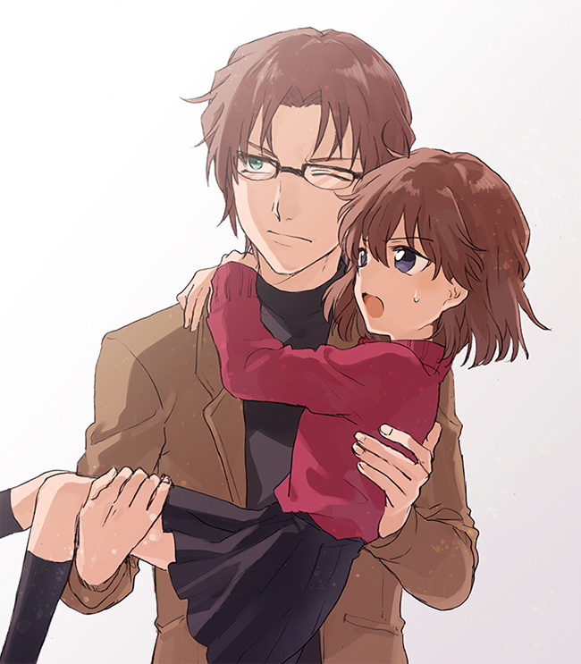 1boy, 1girl, arm_around_neck, black-framed_eyewear, black_shirt, black_skirt, black_socks, blue_eyes