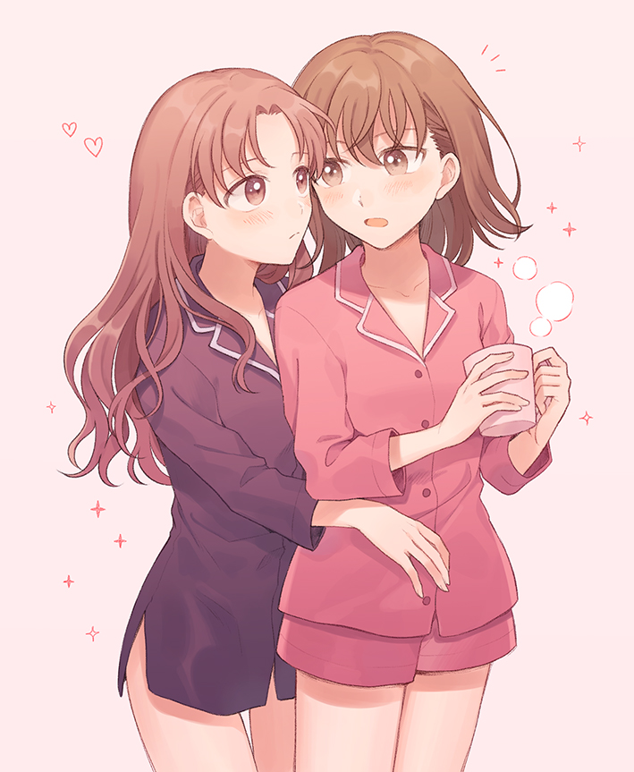 2girls, blush, bottomless, brown_eyes, brown_hair, closed_mouth, collarbone, couple, cowboy_shot, eye_contact, floating_hair, grey_background, hair_between_eyes, hair_down, holding, long_hair, long_sleeves, looking_at_another, misaka_mikoto, multiple_girls, naked_shirt, no_pants, open_mouth, pajamas, pink_shirt, pink_shorts, purple_shirt, shirai_kuroko, shirt, short_shorts, shorts, standing, thigh_gap, toaru_majutsu_no_index, yuri, zarutsu