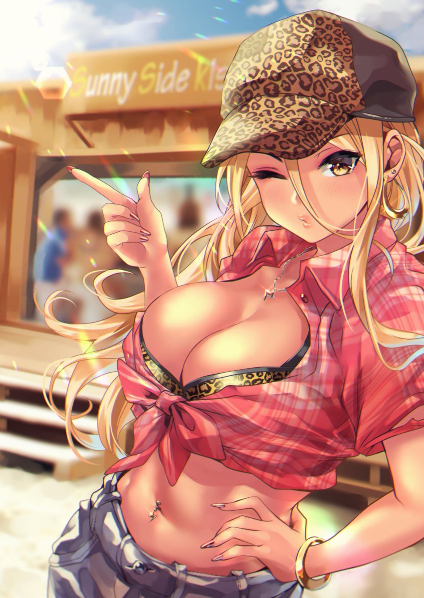 1girl, absurdres, amekaji_gyaru, animal_print, bangle, baseball_cap, blonde_hair, blue_sky