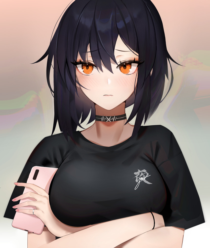 1girl, absurdres, black_hair, black_shirt, blush, bob_cut, breasts, choker, closed_mouth, clothes_writing, crossed_arms, embarrassed, hair_between_eyes, hair_down, heartbeat, highres, jewelry, looking_away, medium_breasts, messy_hair, nail_polish, orange_eyes, original, pink_nails, revision, ring, rubber_band, shirt, short_hair, short_sleeves, solo, t-shirt, upper_body, yoru_(yowuyoru)