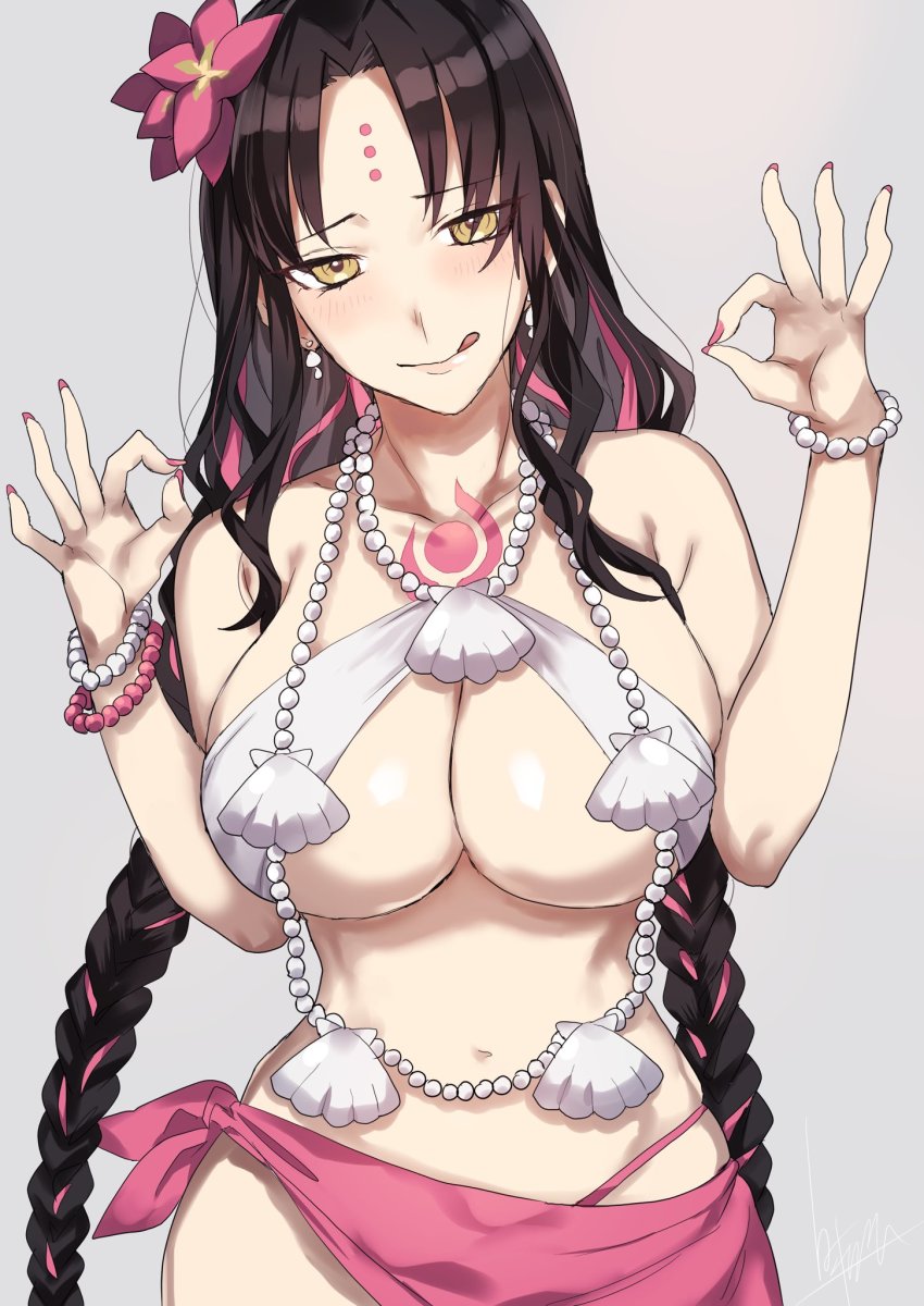 1girl, bare_shoulders, bikini, black_hair, blush, bracelet, braid, breasts