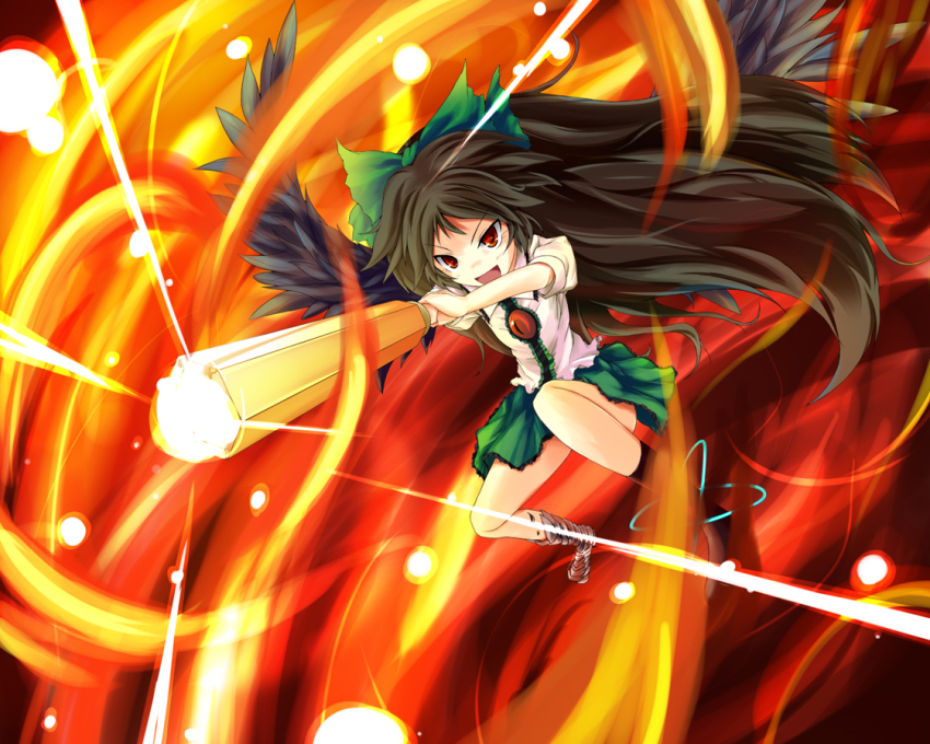 1girl, female_focus, red_eyes, reiuji_utsuho, ribbon, skirt, solo, touhou
