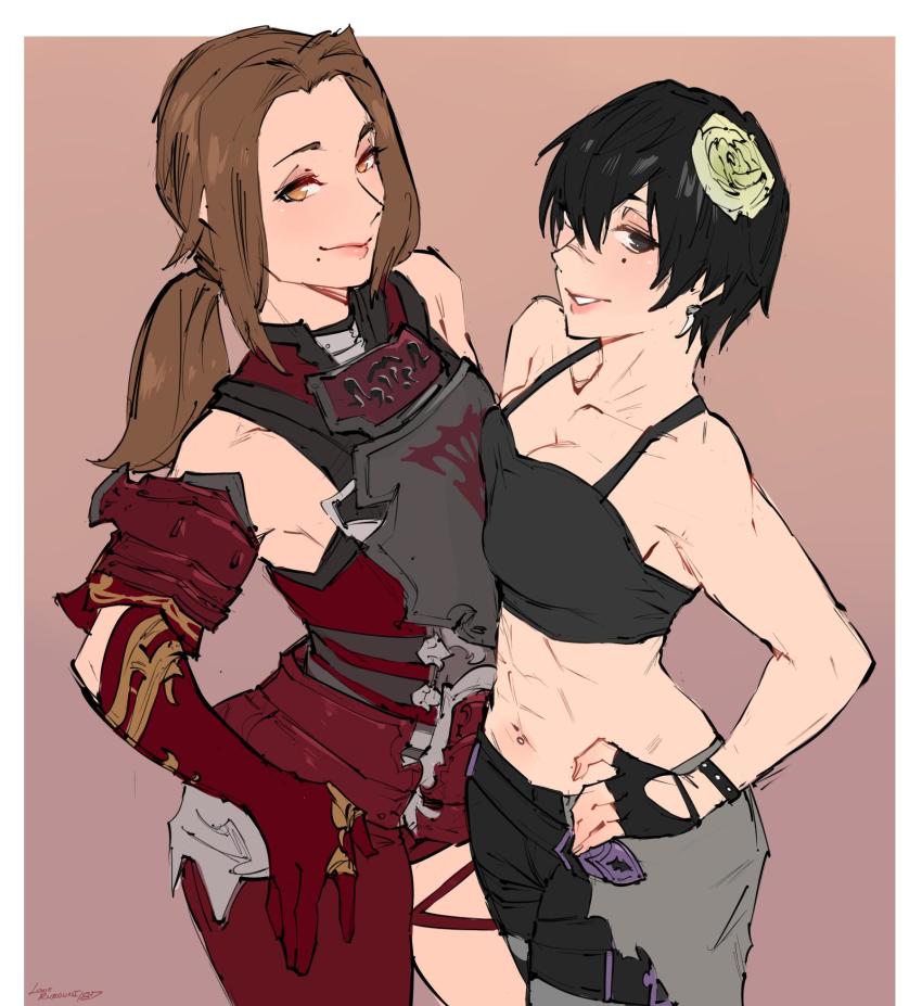 2girls, abs, armor, asymmetrical_docking, warrior_of_light_(ff14), black_eyes, black_hair, breast_press, breasts, brown_eyes, brown_hair, commission, crop_top, earrings, fictional_persona, final_fantasy, final_fantasy_xiv, fingerless_gloves, flower, gloves, hair_flower, hair_ornament, highres, hyur, jane_highwind, jewelry, kenshin187, looking_at_viewer, medium_breasts, midriff, mole, mole_under_eye, mole_under_mouth, multiple_girls, navel, navel_piercing, piercing, ponytail, scar, scar_on_face, scar_on_nose, short_hair, sketch, small_breasts, smug, standing, tomboy, white_flower