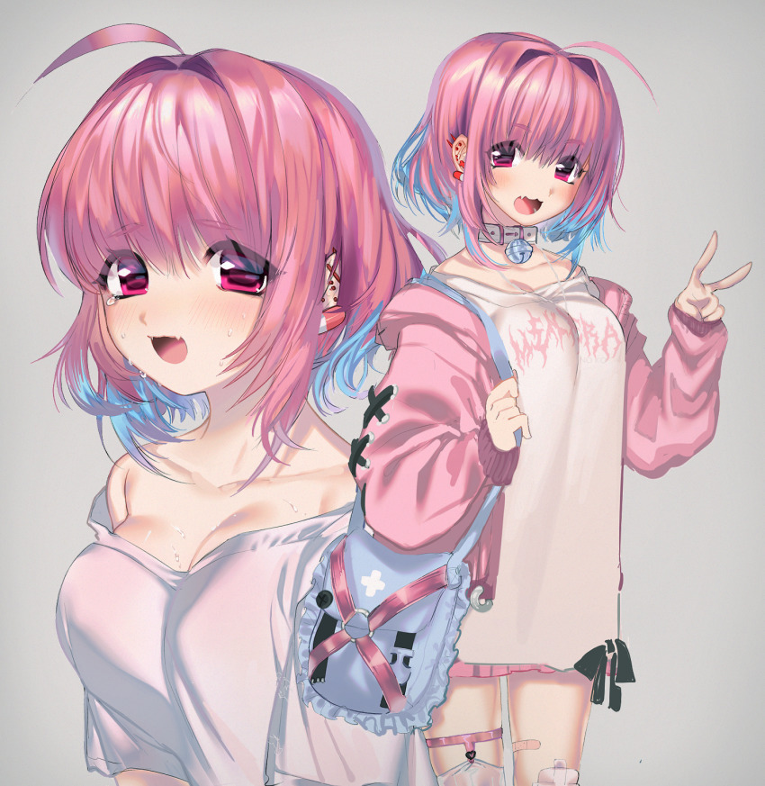 1girl, :d, ahoge, bad_id, bad_pixiv_id, bag, bandaid, bell