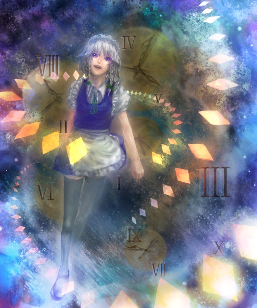 1girl, bad_id, bad_pixiv_id, black_thighhighs, braid, clock, dress, female_focus