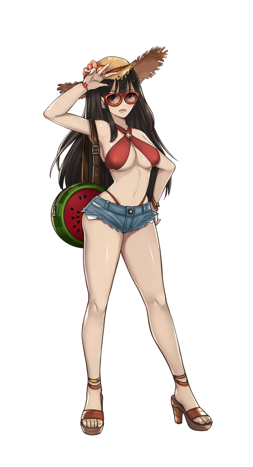 1girl, :o, absurdres, anklet, bikini, black_hair, bracelet, breasts, brown_dust, brown_dust_(series), character_request, clogs, criss-cross_halter, denim, denim_shorts, food_print, food_themed_bag, fruit_print, full_body, halterneck, hand_on_own_hip, hat, high_heel_sandals, high_heels, highres, jewelry, long_hair, looking_at_viewer, medium_breasts, micro_shorts, navel, red-framed_eyewear, red_bikini, ring, sandals, short_shorts, shorts, solo, spiz, standing, sun_hat, swimsuit, underboob, v, very_long_hair, watermelon_print