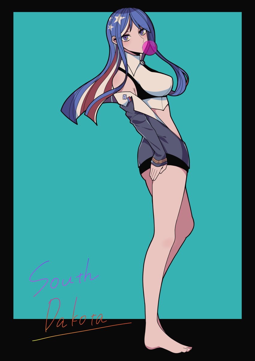 1girl, absurdres, barefoot, black_border, black_necktie, black_shorts, blowing_bubble_gum, blowing_bubbles