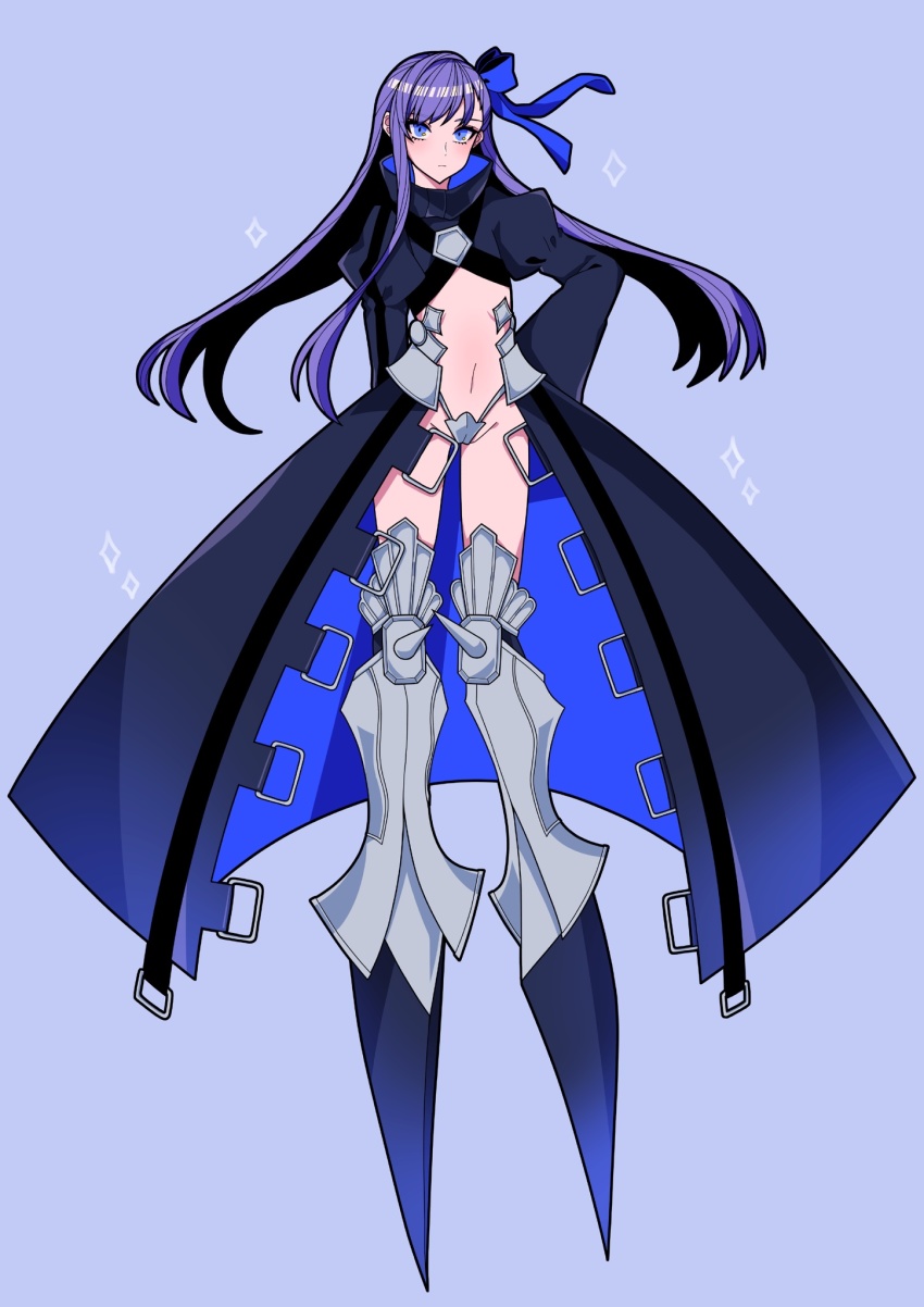 1girl, armor, armored_boots, black_coat, blue_background, blue_eyes, blue_ribbon, boots