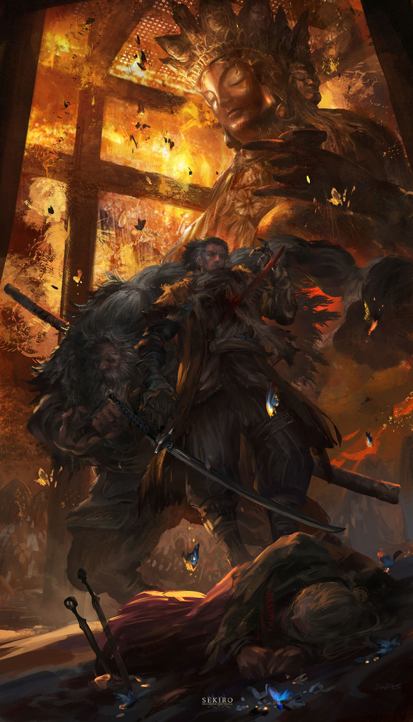 1girl, 2boys, artist_name, backstab, beard, black_hair, blood, bloody_weapon