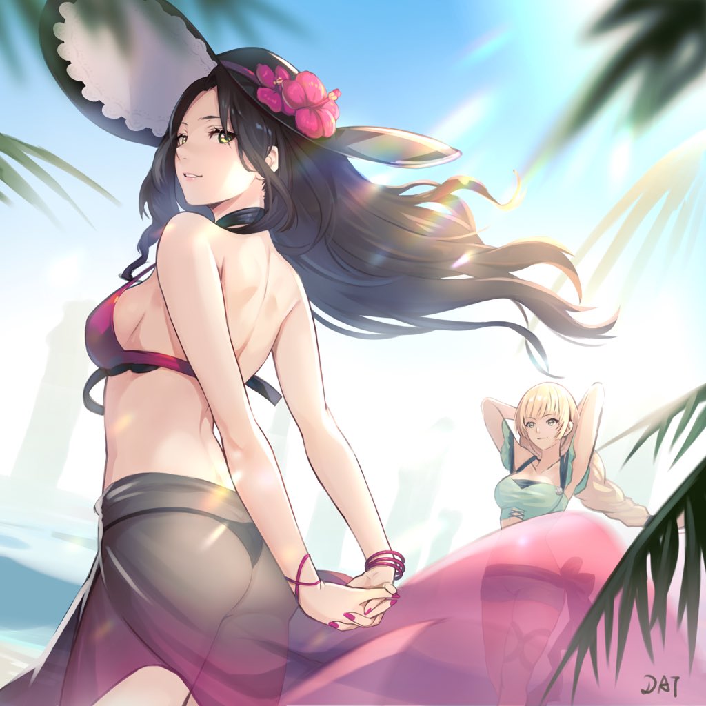 2girls, arms_up, bikini, blonde_hair, brown_hair, butt_crack, closed_mouth, da-cart