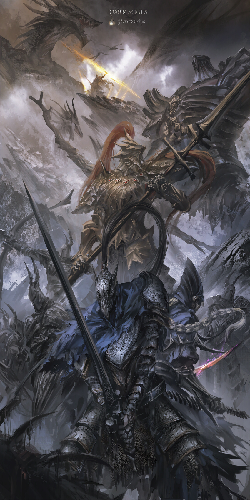 1girl, 4boys, 5others, aiming, armor, artorias_the_abysswalker, back-to-back, battle