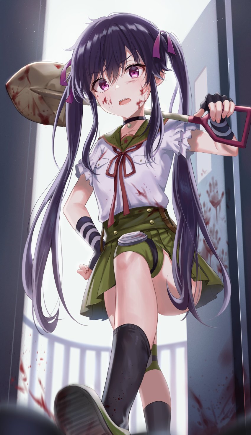 1girl, absurdres, black_socks, blood, blood_on_clothes, blood_on_face, blood_splatter, bloody_weapon, commentary_request, ebisuzawa_kurumi, fingerless_gloves, from_below, gakkou_gurashi!, gloves, green_skirt, hair_ornament, hair_ribbon, hand_on_own_hip, highres, knee_pads, knee_up, kneehighs, long_hair, looking_at_viewer, megurigaoka_high_school_uniform, open_mouth, over_shoulder, pleated_skirt, purple_eyes, purple_hair, purple_ribbon, ribbon, school_uniform, shirt, short_sleeves, shovel, skirt, smile, socks, solo, tokkyu, twintails, very_long_hair, weapon, white_shirt