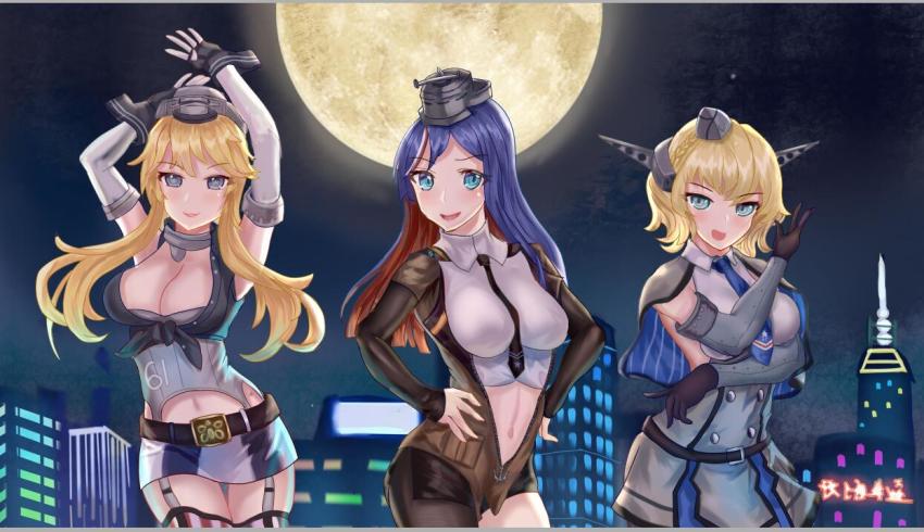 black_gloves, black_neckwear, black_skirt, blonde_hair, blue_eyes, blue_hair, braid, breasts