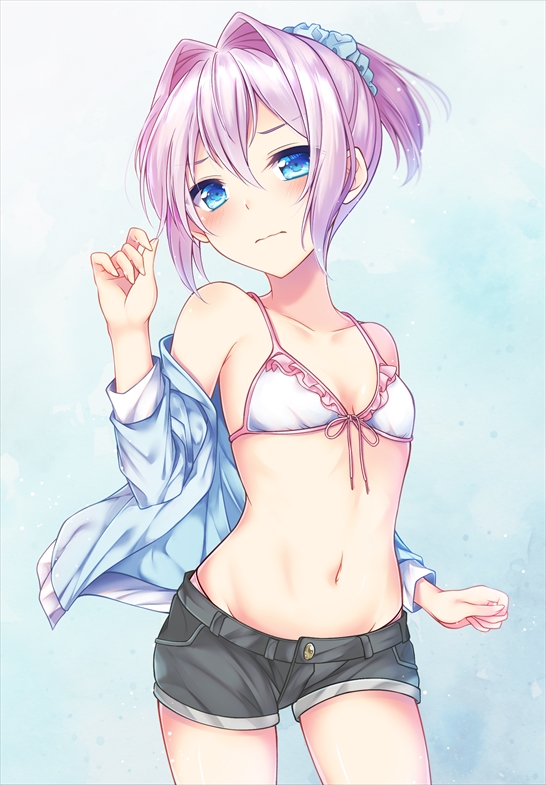 1girl, bare_shoulders, bikini, bikini_top_only, bikini_under_clothes, blue_eyes, blush, breasts, collarbone, commentary_request, front-tie_top, hair_between_eyes, hair_intakes, hair_ornament, hair_scrunchie, hikobae, jacket, kantai_collection, looking_at_viewer, navel, off_shoulder, pink_hair, ponytail, scrunchie, shiranui_(kancolle), short_ponytail, short_shorts, shorts, simple_background, small_breasts, solo, swimsuit, wavy_mouth