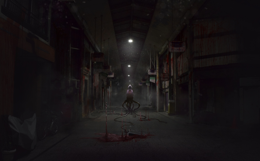 bicycle, blood, blood_on_clothes, blood_on_ground, commentary_request, couldoh, eldritch_abomination, facing_viewer