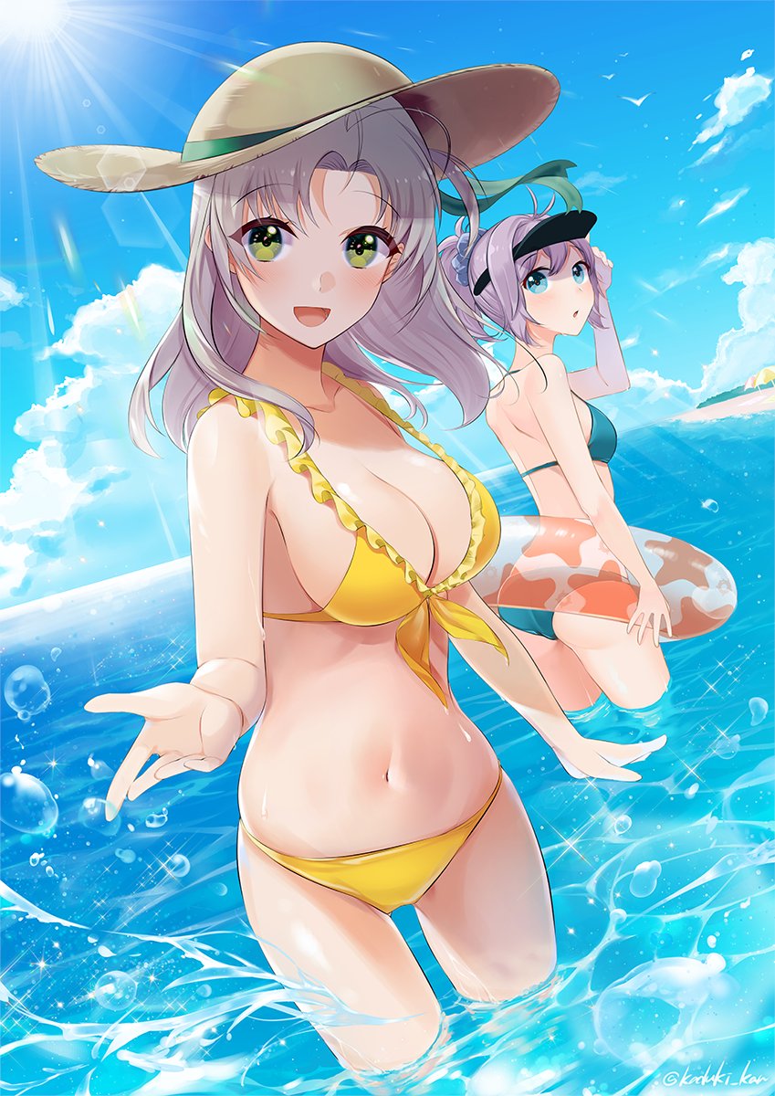 2girls, antenna_hair, aoba_(kancolle), bikini, blue_bikini, blue_eyes, blue_sky, breasts