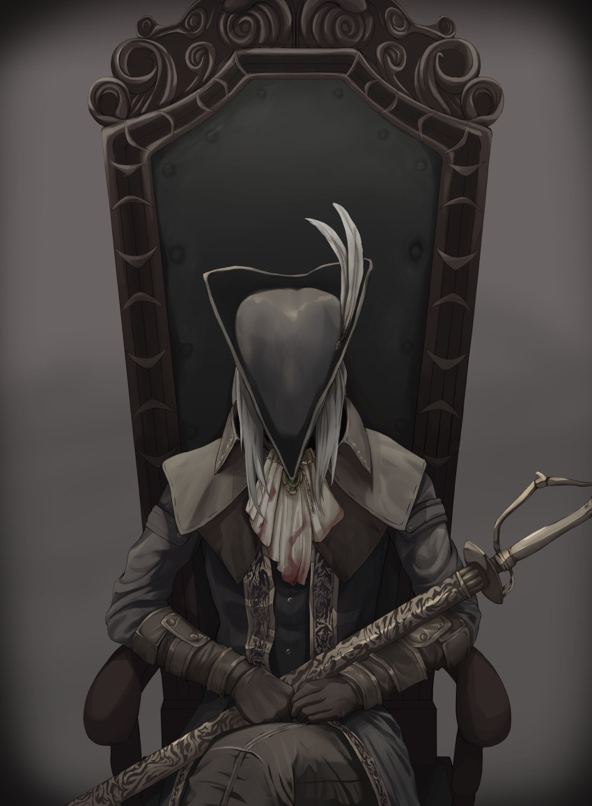 1girl, absurdres, ascot, bloodborne, brown_cloak, brown_gloves, brown_hat, brown_pants