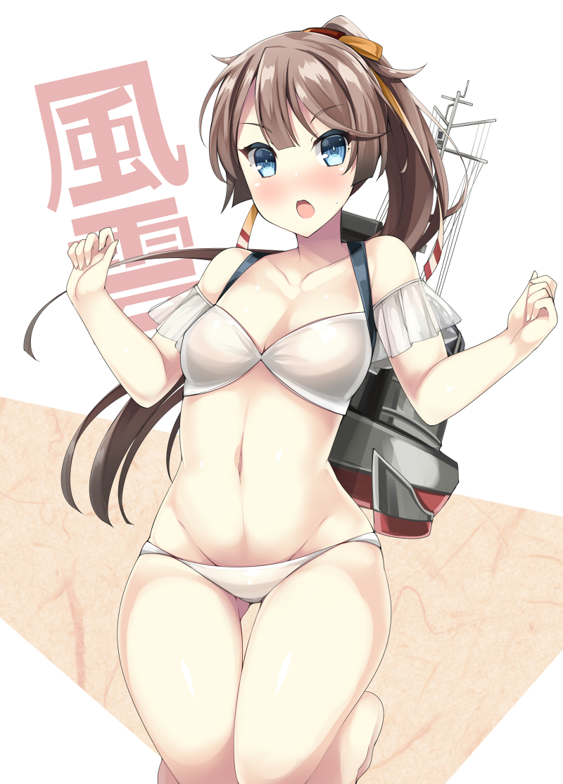 1girl, akikaze_tsumuji, bikini, blue_eyes, breasts, brown_hair, character_name, commentary_request