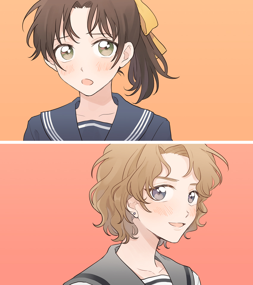 2girls, :d, blue_eyes, blue_sailor_collar, blush, brown_hair, collarbone, earrings