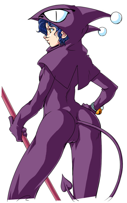 1girl, ass, blue_hair, bodysuit, breasts, cameltoe, cropped_legs, hood, purple_bodysuit, qkat_(arikawa-dou), sabine, short_hair, simple_background, solo, tail, valkyrie_no_densetsu, weapon, white_background