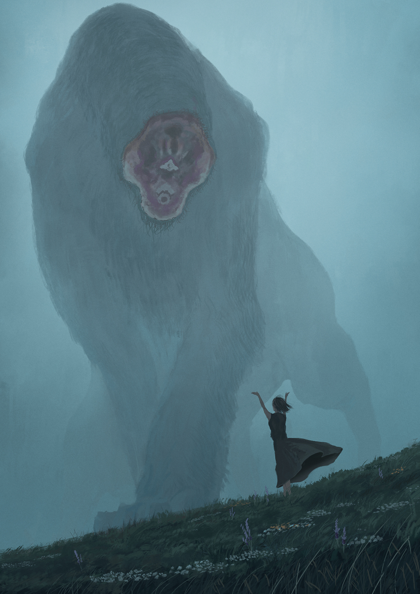 1girl, absurdres, animal, arms_up, black_dress, black_hair, couldoh, creature