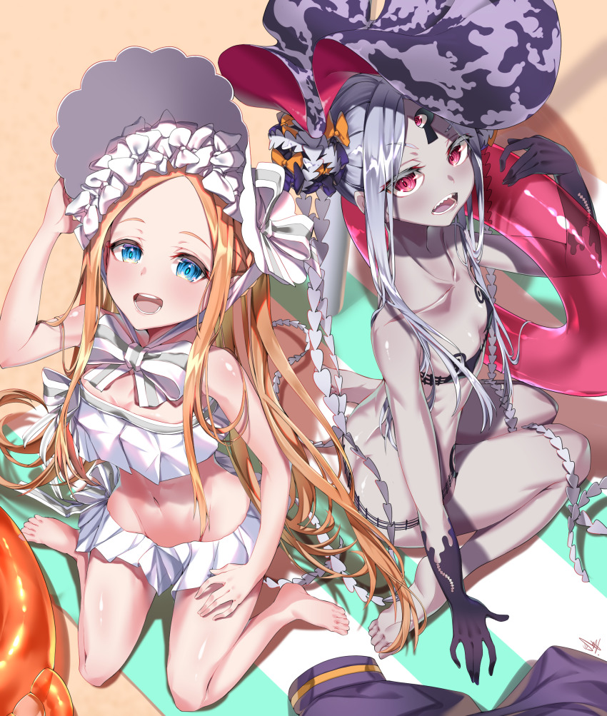 2girls, abigail_williams_(fate), abigail_williams_(swimsuit_foreigner)_(fate), abigail_williams_(swimsuit_foreigner)_(first_ascension)_(fate), abigail_williams_(swimsuit_foreigner)_(third_ascension)_(fate), absurdres, acuma, bare_shoulders
