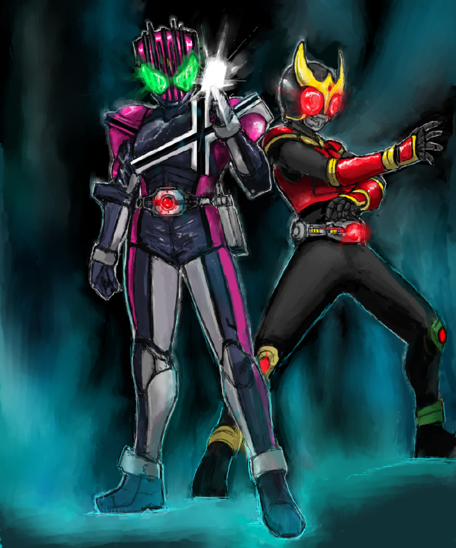 2boys, bad_id, bad_pixiv_id, belt, horns, kamen_rider, kamen_rider_dcd, kamen_rider_decade