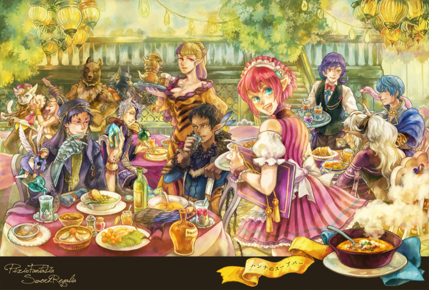 4girls, 6+boys, alcohol, animal_ears, apron, bangle, banjo, bare_shoulders, beo_(pixiv_fantasia), bird, black_hair, blonde_hair, blue_eyes, blue_hair, borrowed_character, bow, bracelet, bread, breasts, brown_hair, chair, chicheria_(pixiv_fantasia), cleavage, closed_eyes, copyright_name, cup, curly_hair, dark-skinned_male, dark_skin, dishes, dress, drink, drinking, earrings, eating, elbows_on_table, eyepatch, fairy, fairy_wings, fantasy, feather-trimmed_sleeves, feather_trim, firze_(pixiv_fantasia), food, forked_eyebrows, frilled_apron, frills, furry, green_eyes, grey_hair, hair_ribbon, heterochromia, holding, holding_spoon, holding_tray, instrument, jewelry, kamoda_kamo, licorice_(pixiv_fantasia), long_hair, mini_person, minigirl, mole, mole_under_eye, mouth_hold, multiple_boys, multiple_earrings, multiple_girls, music, necklace, nia_(pixiv_fantasia), off-shoulder_dress, off_shoulder, one_eye_closed, ooya_(pixiv_fantasia), open_mouth, pixiv_fantasia, pixiv_fantasia_sword_regalia, playing_instrument, pointy_ears, ponytail, puffy_short_sleeves, puffy_sleeves, purple_eyes, purple_hair, r-riru_(pixiv_fantasia), ras_(pixiv_fantasia), red_eyes, red_hair, ribbon, ring, round_table, scar, scar_across_eye, scar_on_face, serini_(pixiv_fantasia), short_hair, short_sleeves, sitting, slice_of_life, smile, snake, soup, spoon, standing, steam, striped_clothes, striped_dress, stud_earrings, table, tablecloth, thighhighs, tray, utensil_in_mouth, vertical-striped_clothes, vertical-striped_dress, very_long_hair, very_short_hair, vest, violin, waist_apron, waiter, waitress, wings, wrist_cuffs, yellow_eyes