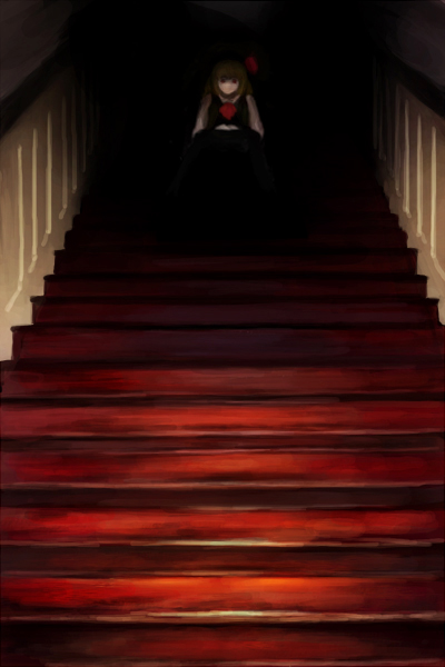1girl, blonde_hair, creepy, dark, darkness, embodiment_of_scarlet_devil, female_focus, hair_ribbon, horror_(theme), oisin, red_eyes, ribbon, rumia, sitting, solo, stairs, touhou, waiting