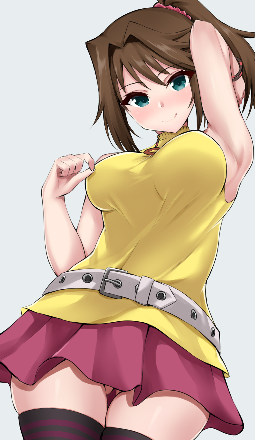 1girl, absurdres, aqua_eyes, arm_up, armpits, belt, blush, brown_hair, cowboy_shot, gluteal_fold, highres, kirikan_(cokekiri), looking_at_viewer, mazaki_anzu, miniskirt, ponytail, skirt, sleeveless, sleeveless_turtleneck, smile, solo, sweater, thighhighs, turtleneck, turtleneck_sweater, yu-gi-oh!