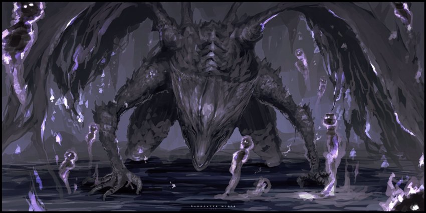 all_fours, artist_name, cave, character_name, claws, dark_souls_(series), dark_souls_iii, darkeater_midir, dragon, facing_viewer, full_body, highres, ibuo_(ibukht1015), leaning_forward, multiple_wings, no_humans, scales, solo, spine, spirit, stalactite, teeth, water, western_dragon, wings