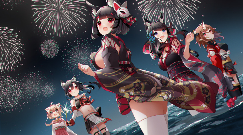 5girls, :d, absurdres, aerial_fireworks, animal_ear_fluff, animal_ears, azur_lane, bare_shoulders