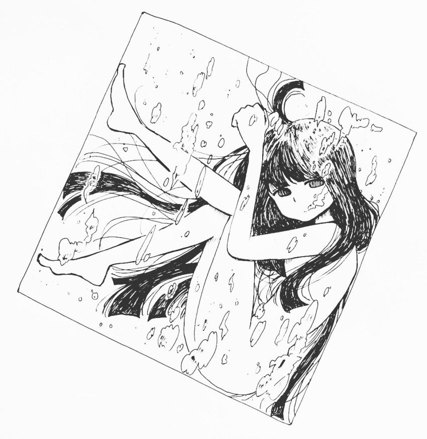 1girl, air_bubble, awaya_yawako, black_hair, breasts, bubble, completely_nude, greyscale