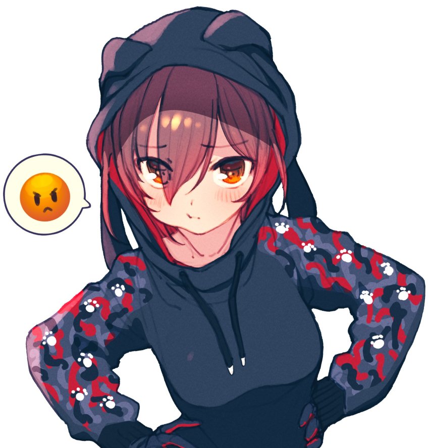 1girl, animal_hood, blush, brown_eyes, brown_hair, eyes_visible_through_hair, hair_over_one_eye, hands_on_own_hips