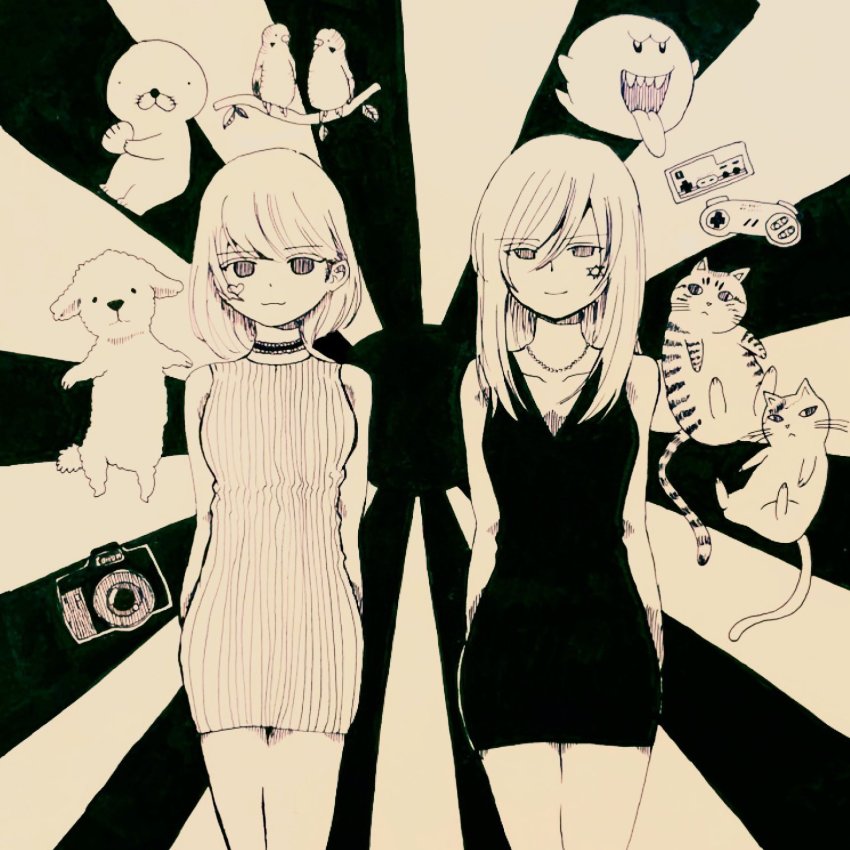 2girls, :3, arms_behind_back, awaya_yawako, bad_id, bad_twitter_id, bird, black_dress