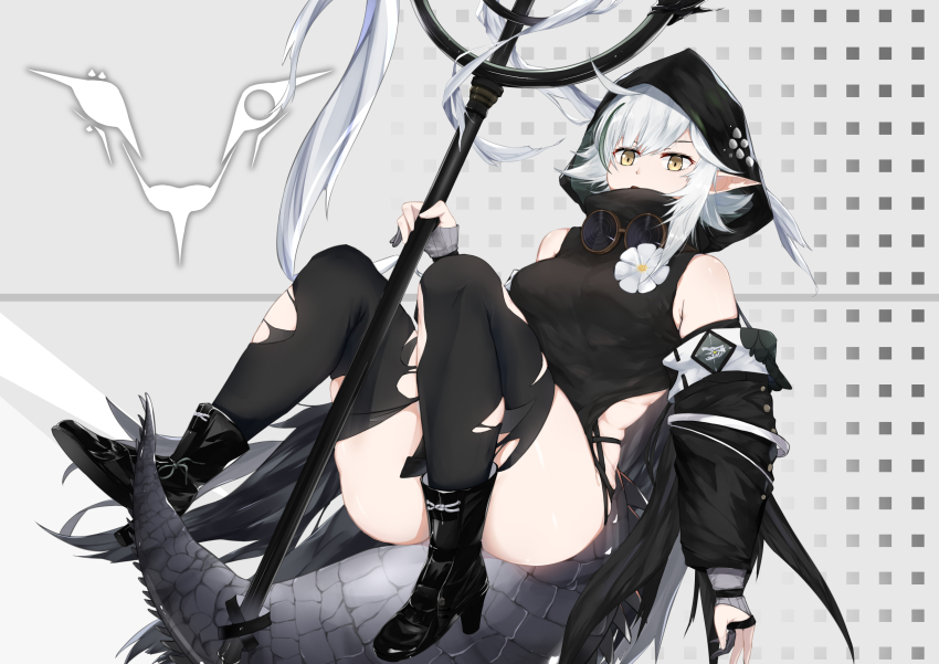 1girl, absurdres, ahoge, arknights, as_yinshimao, bare_shoulders, black_boots, boots