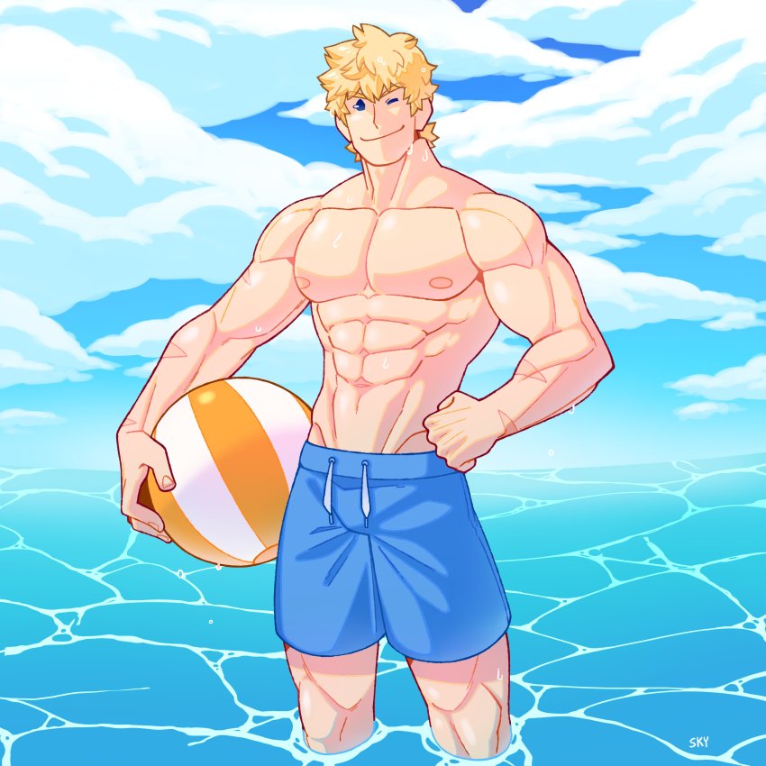 1boy, abs, absurdres, bara, blonde_hair, blue_eyes, blue_male_swimwear, blue_swim_trunks