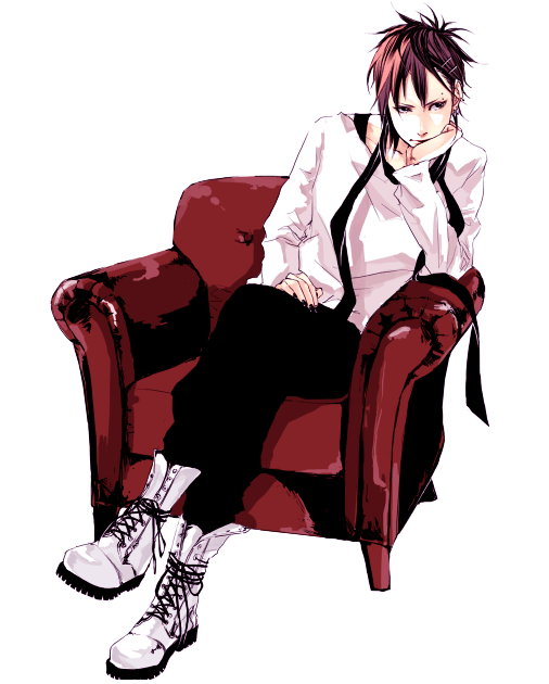 androgynous, bad_id, bad_pixiv_id, boots, brown_hair, chair, head_rest, diesel