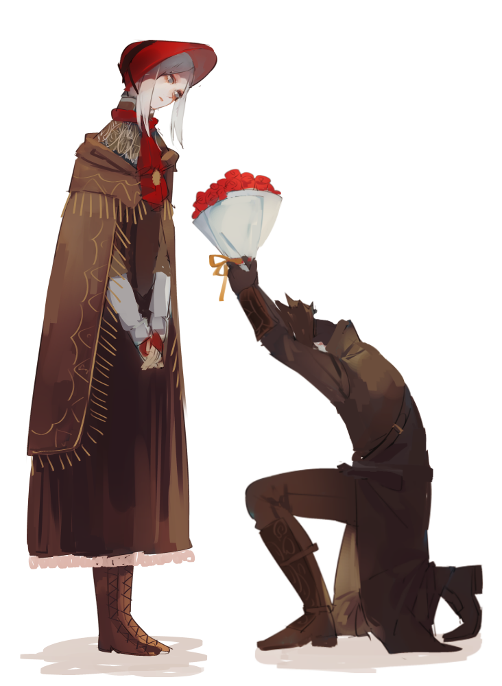1boy, 1girl, arms_up, bloodborne, bonnet, boots, bouquet, brown_cape