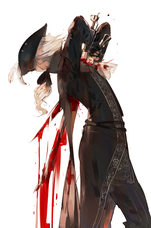 1girl, ascot, bleeding, blonde_hair, blood, blood_on_clothes, bloodborne, bloody_weapon