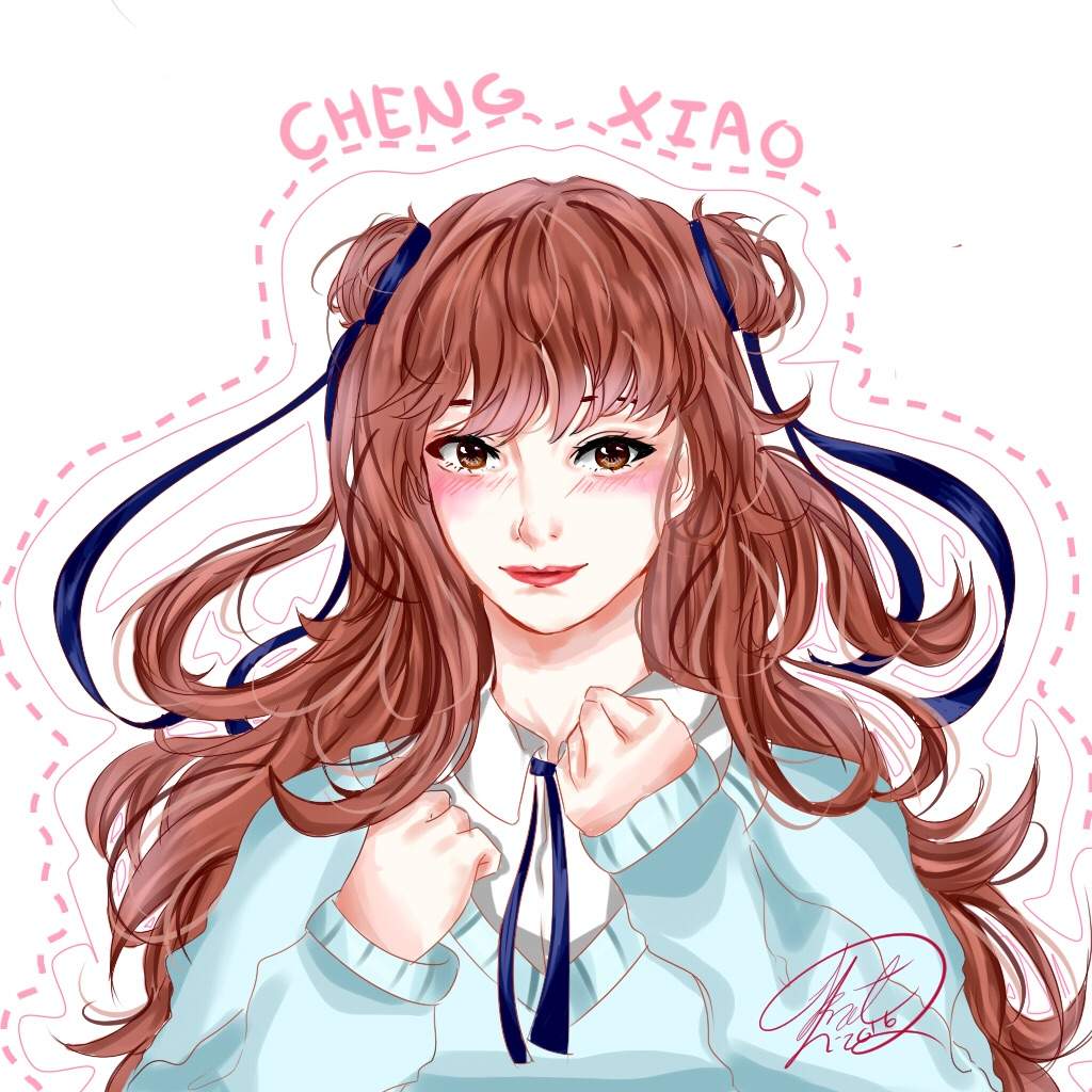 1girl, animification, blush, brown_eyes, brown_hair, character_name, cheng_xiao, clenched_hands, k-pop, katherine_(mxnx.c), long_hair, looking_to_the_side, portrait, real_life, signature, solo, wjsn