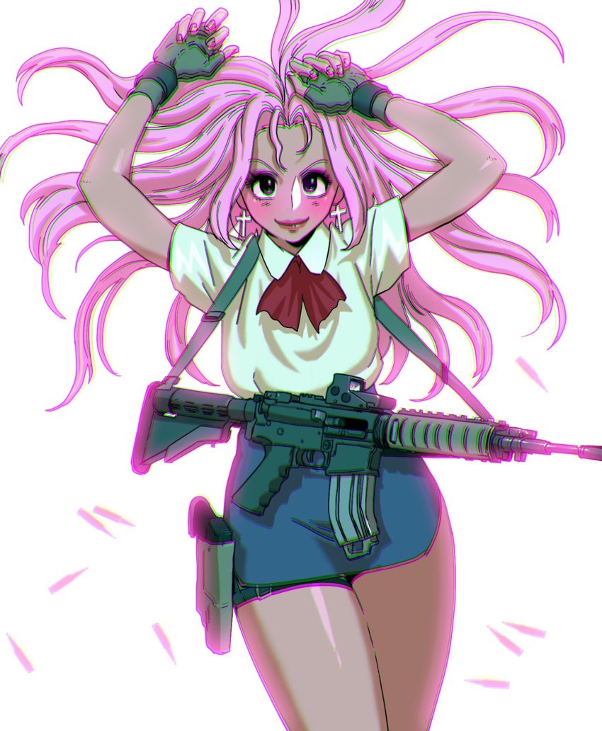 1girl, assault_rifle, brown_eyes, chromatic_aberration, commentary, cross, cross_earrings, earrings