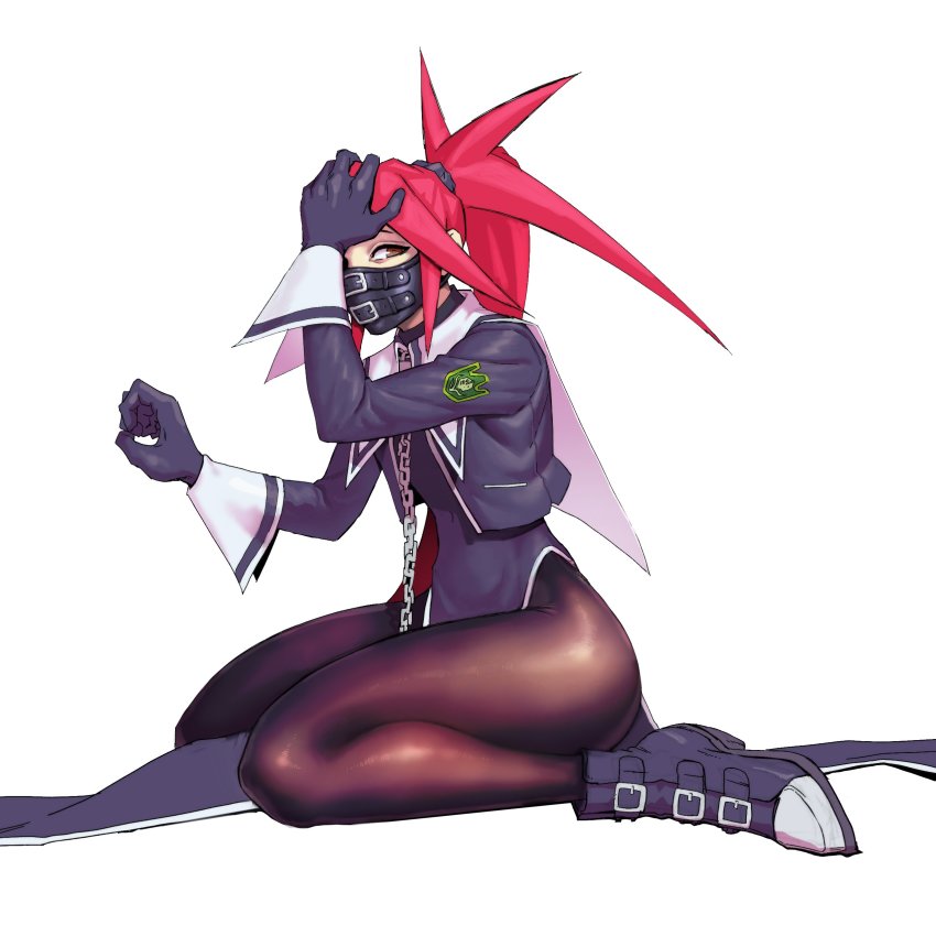 1girl, absurdres, black_gloves, brown_eyes, eljaykhun, gloves, hand_on_own_head, highres, zaki_(justice_gakuen), justice_gakuen, leggings, mask, moero!_justice_gakuen, mouth_mask, pink_hair, ponytail, seiza, simple_background, sitting, solo, white_background