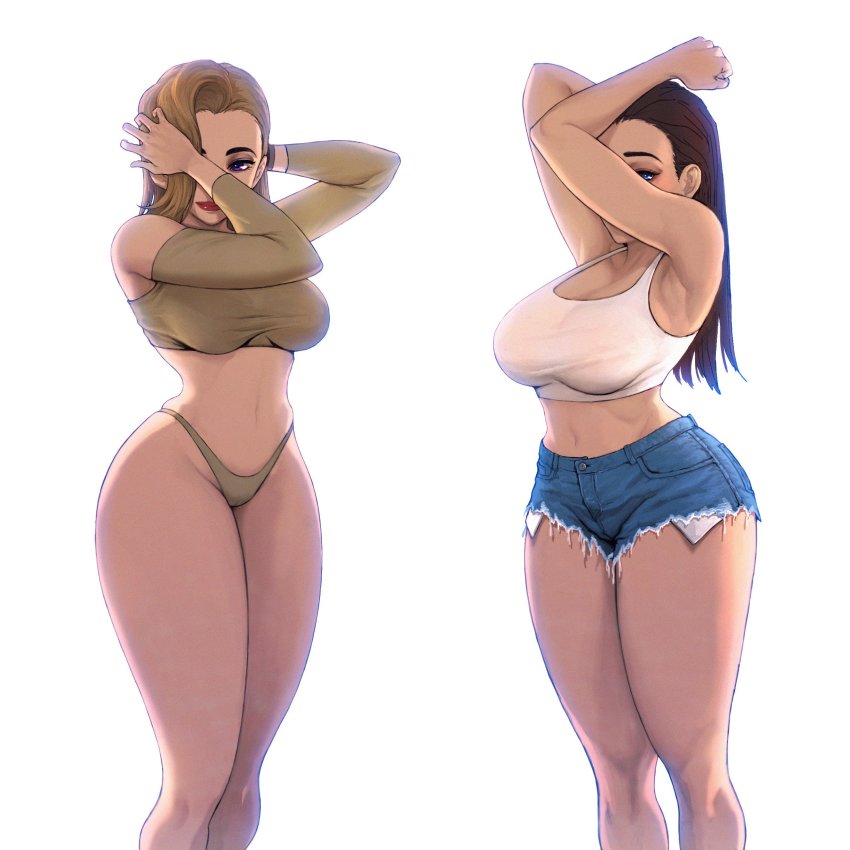 2girls, absurdres, blonde_hair, blue_eyes, breasts, brown_hair, covering_face, crop_top, curvy, denim, denim_shorts, eljaykhun, highres, large_breasts, long_hair, looking_at_viewer, looking_down, midriff, multiple_girls, navel, original, purple_eyes, red_lips, short_shorts, shorts, thick_thighs, thighs, underwear, white_background
