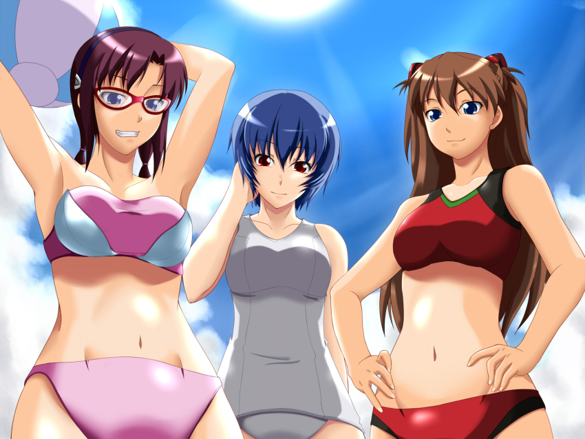 00s, 3girls, arms_up, ayanami_rei, bad_id, bad_pixiv_id, bandeau, bikini, blue_hair, brown_hair, day, glasses, grin, highres, ichirou, makinami_mari_illustrious, multiple_girls, navel, neon_genesis_evangelion, rebuild_of_evangelion, smile, souryuu_asuka_langley, swimsuit