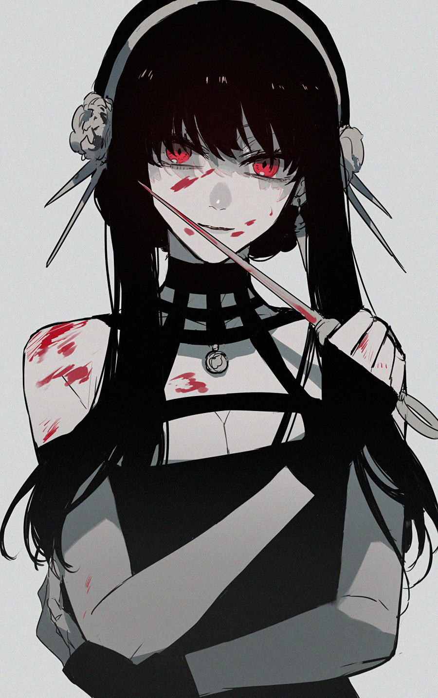 1girl, bare_shoulders, black_gloves, black_hair, blood, blood_on_face, blood_on_hands, bloody_weapon