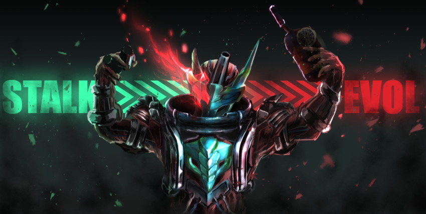 1boy, arms_up, between_fingers, black_background, blood_stalk, dust, english_text, evol_driver