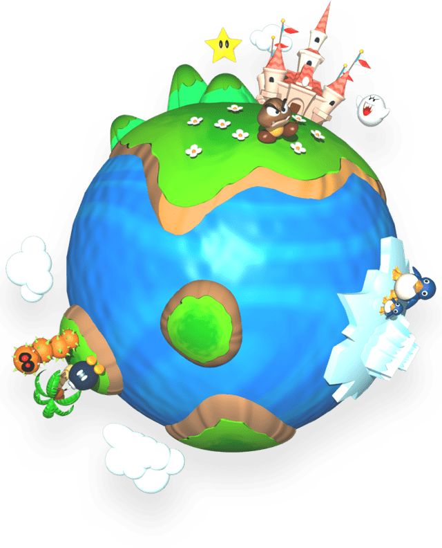 3d, animal, bird, bob-omb, bomb, boo_(mario), cactus, castle, cloud, daisy_(flower), explosive, flag, flower, ghost, globe, goomba, ice, mario_(series), mother_penguin, nintendo, official_art, penguin, penguin_(mario), pokey_(mario), princess_peach's_castle, star_(symbol), super_mario_3d_all-stars, super_mario_64, super_star_(mario), transparent_background, tuxie, water